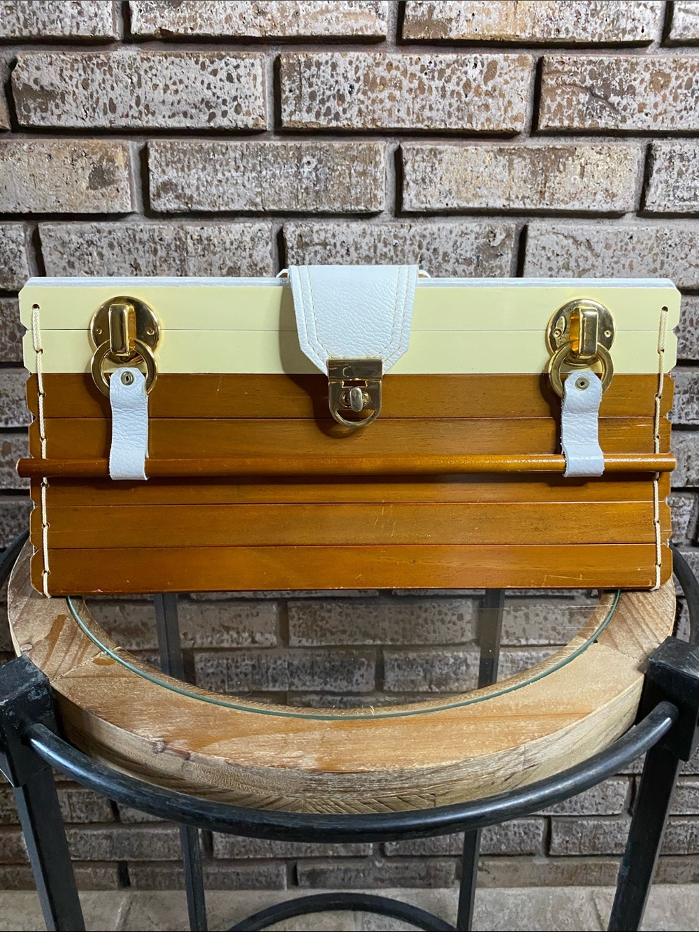 Adriana Jimenez Vintage Wood Handle Bag in Brown and Cream with Leather Detail.